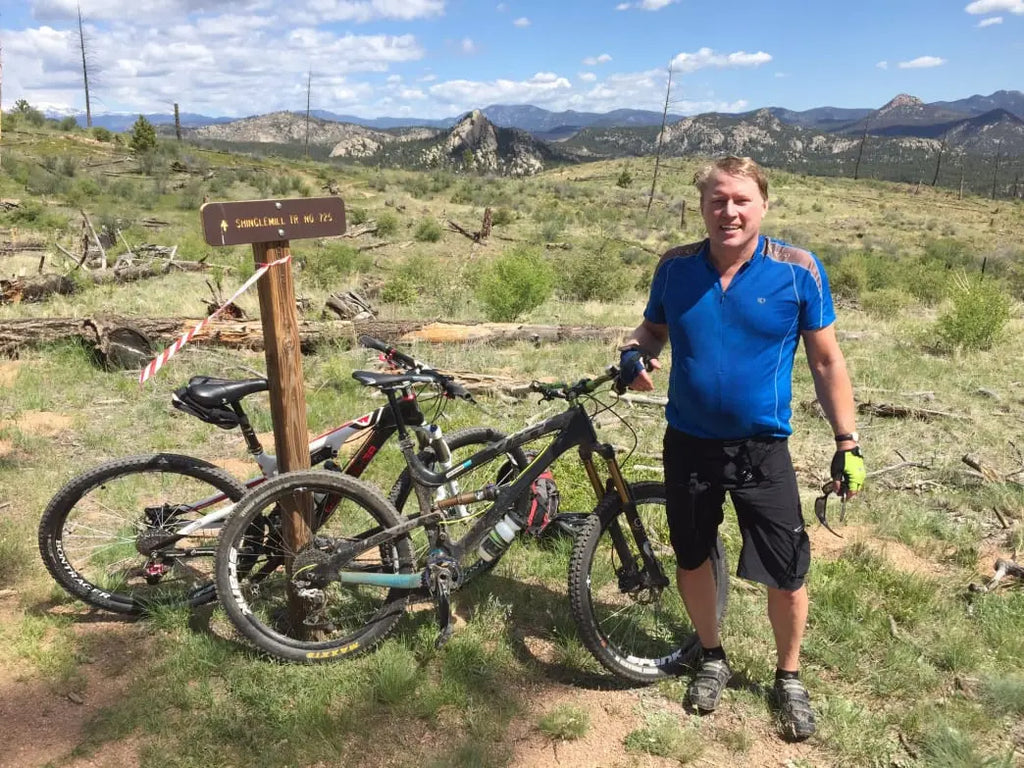 Kent Thiry preparing for the Bailey Hundo 100-mile mountain bike race at Buffalo Creek. 