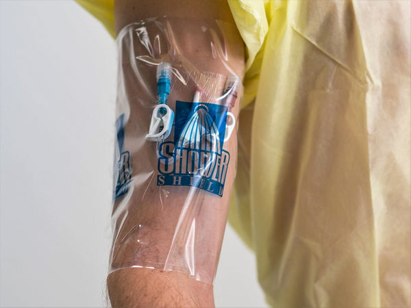 Shower with Peripheral Lines Hickman Catheters Ports using Shower Shield 7"x7" Water Barriers